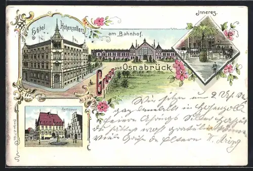 Lithographie Osnabrück, Hotel Hohenzollern am Bahnhof, Innen- und Aussenansicht, Rathaus