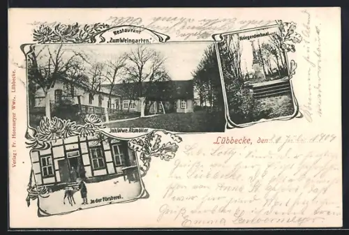 AK Lübbecke, Restaurant Zum Weingarten, Kriegerdenkmal