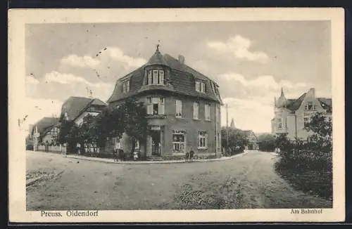 AK Preuss. Oldendorf, Am Bahnhof mit Geschäft