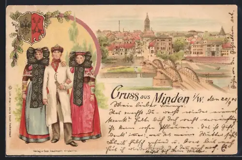 Lithographie Minden / Weser, Frauen und Mann in Trachten, Ortspartie mit Brücke