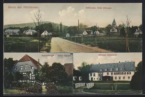 AK Holzhausen /Lübbecke, Gasthof H. Böker, Rittergut Hudenbeck, Totalansicht mit Kirche