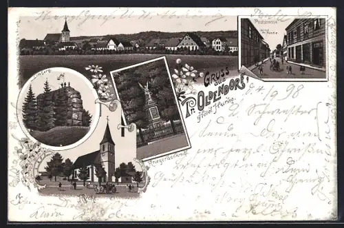 Lithographie Pr. Oldendorf, Gasthof Fr. Hunke, Poststrasse, Limberg, Kriegerdenkmal, Kirche