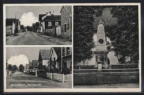 AK Schwebheim / Ufr., Ortspartie mit Wohnhäusern, Kriegerdenkmal