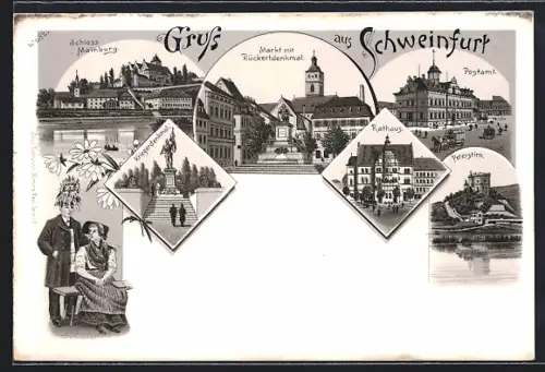 Lithographie Schweinfurt, Schloss Mainberg, Postamt, Peterstirn