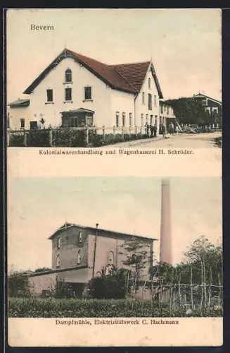 AK Bevern / Holst., Kolonialwaren & Wagenbauerei H. Schröder, Dampfmühle Elektrizitätswerk Hachmann