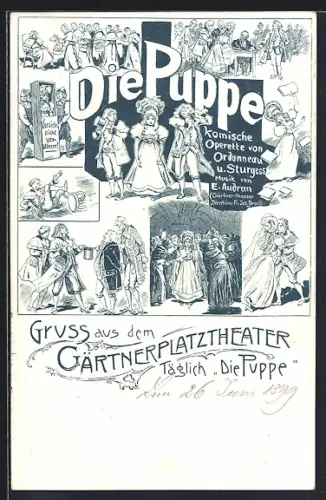 Lithographie München, Gärtnerplatztheater, Direktion Fr. Jos. Brakl, täglich Die Puppe, Komische Operette