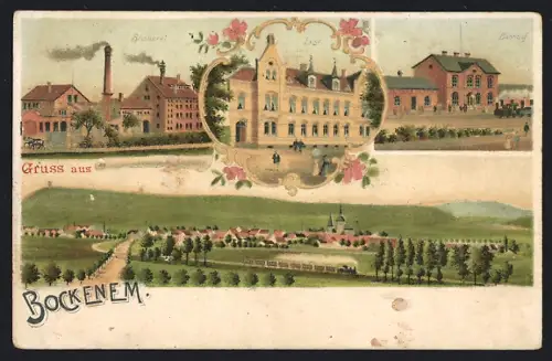 Lithographie Bockenem, Bahnhof, Brauerei, Post, Panorama