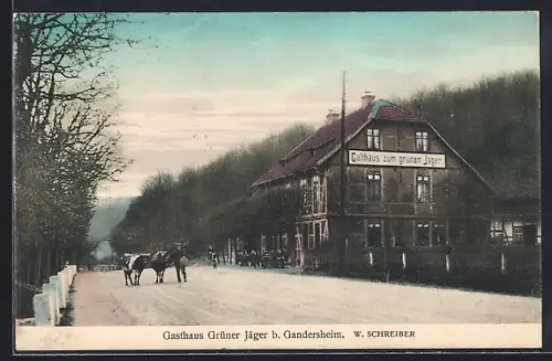 AK Bad Gandersheim, Gasthaus zum grünen Jäger, Kühe auf der Strasse
