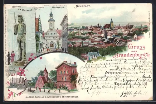 Lithographie Brandenburg a. H., Jacobs Kapelle und Wredowsche Zeichenschule, Rathaus