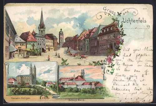 Lithographie Lichtenfels / Main, Ortsansicht, Kirche Vierzehn Heiligen, Schloss Banz