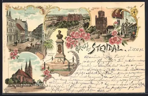 Lithographie Stendal, Breite Strasse, Bahnhof, Nachtigal-Denkmal, Marienkirche