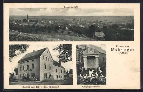 AK Mehringen i. Anhalt, Gasthof zum Bär von Otto Mittendorf, Kriegergedenkstein, Totalansicht