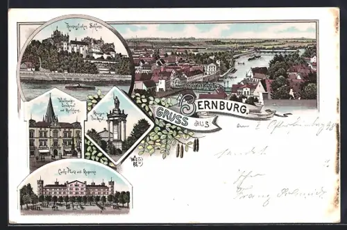 Lithographie Bernburg, Kaserne, Wolfgang-Denkmal und Kriegerdenkmal