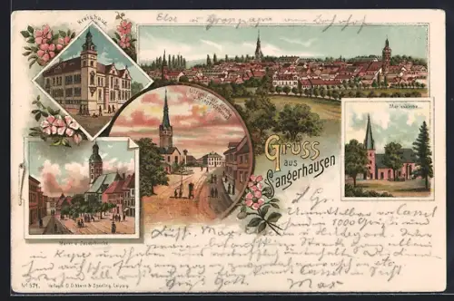 Lithographie Sangerhausen, Marienkirche, Kreishaus, Markt und Jacobikirche 5 Ansichten