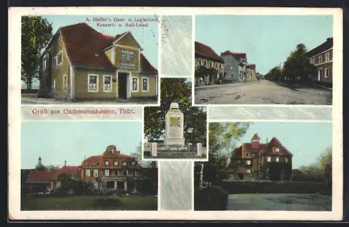 AK Guthmannshausen /Thür., A. Helfer`s Gasthaus und Logierhaus, Strassenpartie, Kriegerdenkmal
