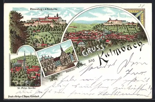 Lithographie Kulmbach, Plassenburg von der Nordseite, St. Petri-Kirche, Ortsansicht