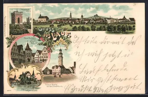 Lithographie Lauf / Pegnitz, Unterer Markt mit dem Staddturm, Wasserwerk, Oberer Marktplatz mit dem Kriegerdenkmal