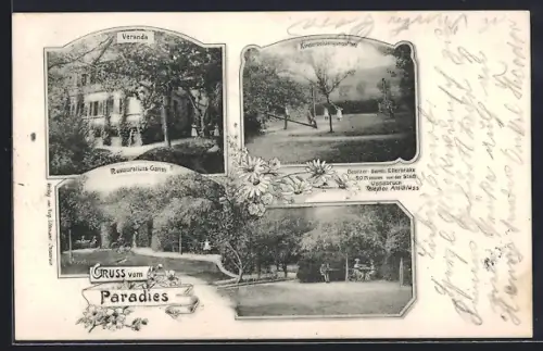 AK Osnabrück, Gasthof Paradies, Besitzer Bernh. Ellerbrake, Veranda, Restaurant-Garten, Kinderbelustigungs-Platz