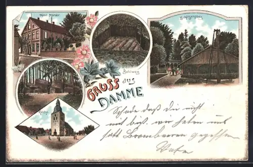 Lithographie Damme, Hotel Mähler, Bohlweg, Schützenplatz, Kirche, Hünensteine