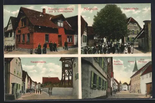 AK Mörzheim, Kolonialwarenhandlung von J. Wambsganss, Friedenslinde, Kathol. Pfarrhaus, Kirche
