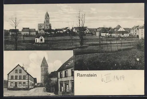 AK Ramstein / Pfalz, Ortsansicht von der Feldflur aus, Ortspartie mit Kirche