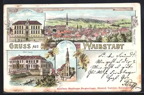 Lithographie Waibstadt, Hotel Lang, Schul-Haus, Kirche