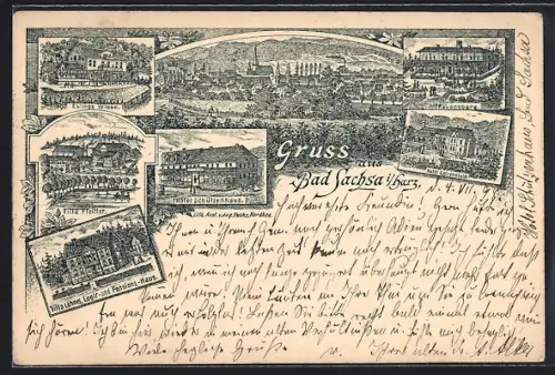 Lithographie Bad Sachsa i. Harz, Hotel Schützenhaus, Pension Villa Löhns, Villa Pfeiffer, Hotel Katzenstein, Ravensberg
