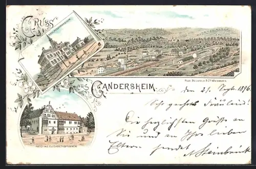 Lithographie Gandersheim, Abtei mit Elisabethbrunnen, Realprogymnasium, Ortsansicht aus der Vogelschau