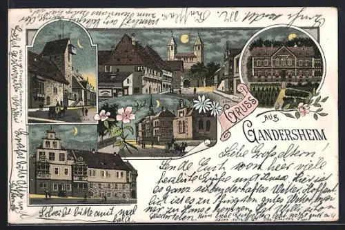 Lithographie Gandersheim, Abtei, Rathaus, Stifts-Kirche, Gymnasium