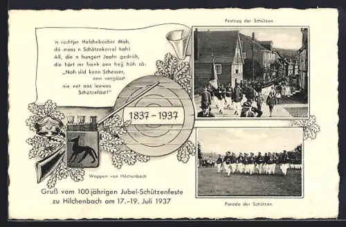 AK Hilchenbach, 100jähriges Jubel-Schützenfest 1937, Festzug und Parade der Schützen, Wappen, Schiessscheibe