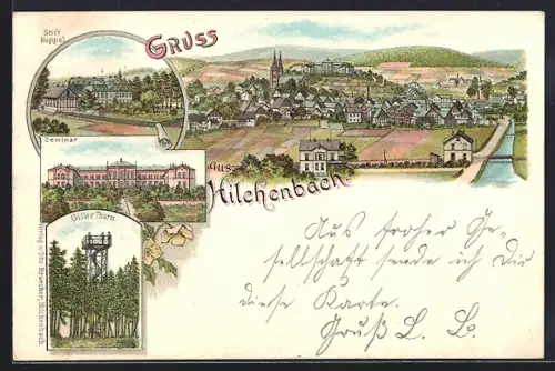 Lithographie Hilchenbach, Seminar, Stift Keppel, Gillerturm, Totalansicht aus der Vogelschau