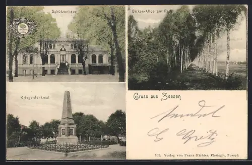 AK Zossen, Gasthof Schützenhaus, Birken-Alle am Park, Kriegerdenkmal