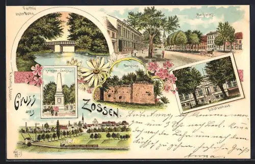 Lithographie Zossen, Partie an der Notte, Burgruine, Krieger-Denkmal, Schützenhaus, Marktplatz