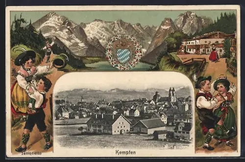 Passepartout-Lithographie Kempten / Allgäu, Ortsansicht aus der Vogelschau, Wappen, Kinder in Tracht