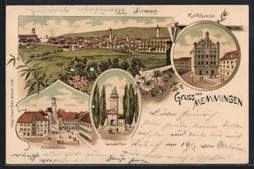 Lithographie Memmingen, Ortsansicht mit Kempter Tor, Rathaus u. Marktplatz