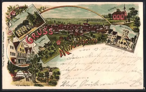 Lithographie Mindelheim, Gasthof Kleinheinz, Eichkapelle, Freundsberg, Mayenbad