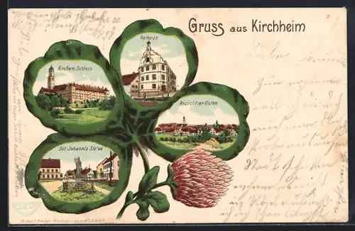 Lithographie Kirchheim / Schwaben, Rathaus, Kirche m. Schloss, Kleeblatt