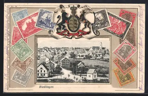 Präge-AK Riedlingen / Donau, Ortsansicht aus der Vogelschau, Wappen, Briefmarken Deutsches Reich