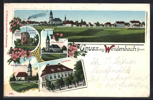 Lithographie Weidenbach, Klosterruine, Friedhofkapelle, Apotheke
