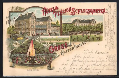 Lithographie Herrenhausen, Hotel-Pension Schlossgarten, Fontaine Lumineuse