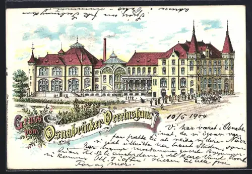 Lithographie Osnabrück, Gruss vom Vereinshaus, Kutsche und Passanten