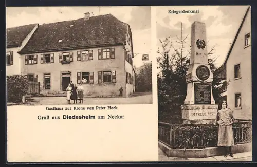 AK Diedesheim am Neckar, Gasthaus zur Krone von Peter Heck, Kriegerdenkmal