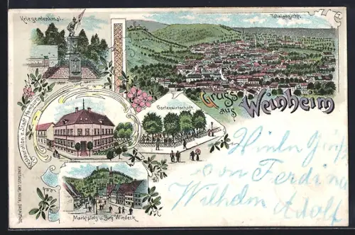 Lithographie Weinheim / Bergstrasse, Restaurant zur Stadt Hamburg, Garten-Restaurant, Marktplatz und Burg Windeck