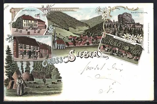 Lithographie Sieber i. Harz, Gasthof zur Linde, Gasthof zur Krone, Hotel und Pension zum Pass