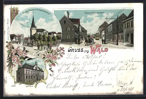 Lithographie Wald / Rheinland, Ev. Kirche und Kriegerdenkmal, Obere Kaiserstrasse, Rathaus