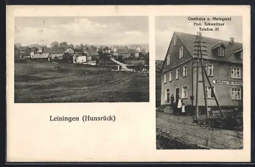 AK Leiningen /Hunsrück, Gasthaus und Metzgerei von Phil. Schweitzer, Ortsansicht