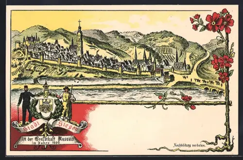 Lithographie Siegen /Nassau, Ortsansicht im Jahre 1500, Stadtwappen