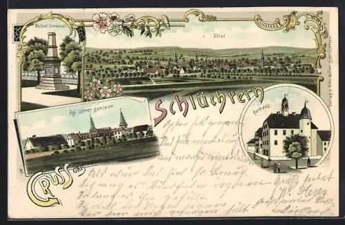 Lithographie Schlüchtern, Rathaus, Kgl. Lehrer-Seminar, Weitzel-Denkmal und Totalansicht