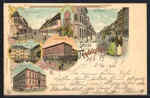 Lithographie Frankenthal / Pfalz, Taubstummenanstalt, Karolinen-Institut, Reallehrer-Institut, Pferdekutsche