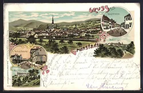 Lithographie Grünstadt / Weinstrasse, Post, Burg Altleining und Hauptstrasse